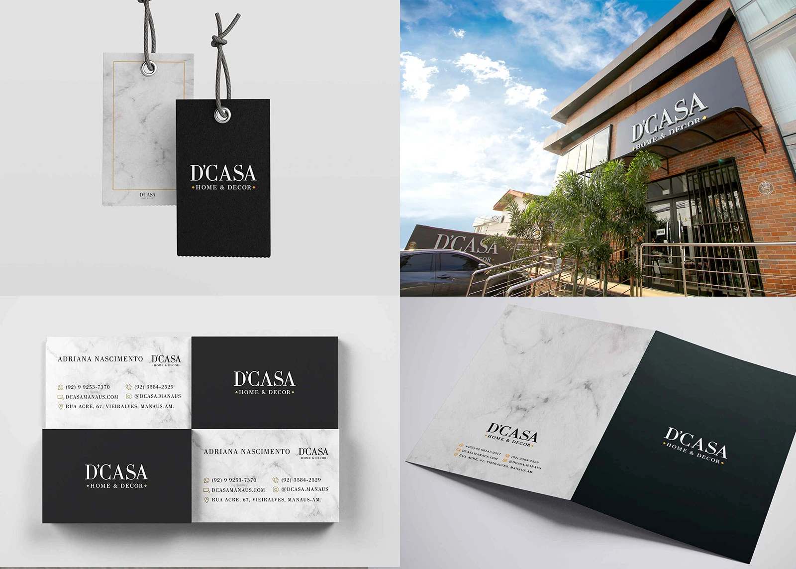 Aplicações da identidade visual D’Casa Home & Decor: tags de produto, fachada da loja, cartões de visita e pasta institucional